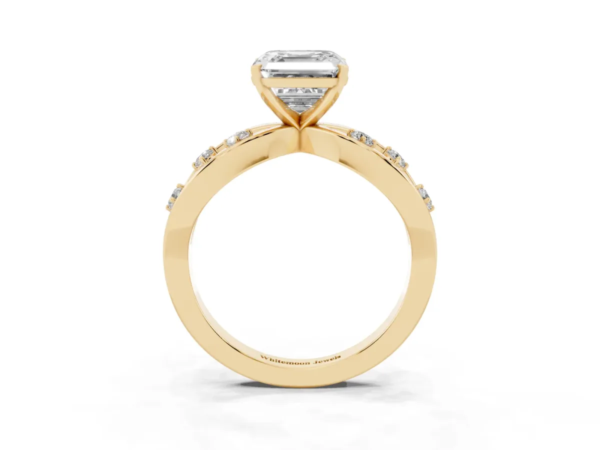 Asscher Cut Cut Solitaire Diamond with Side Stones on Criss-Cross Band and Four-Prong Setting Yellow gold
