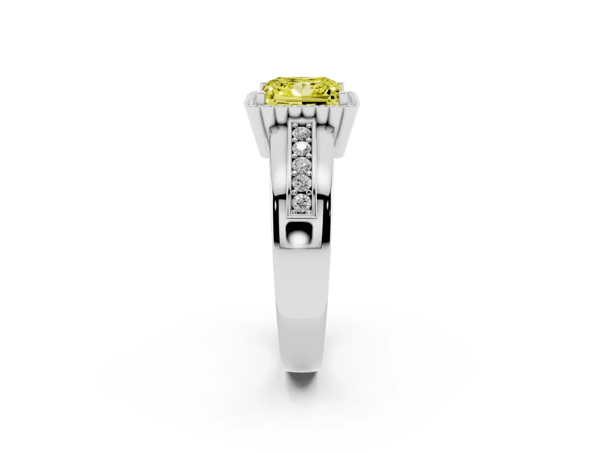 Fancy Yellow Princess Cut Cut Halo Pave Band Four-Prong Ring Silver