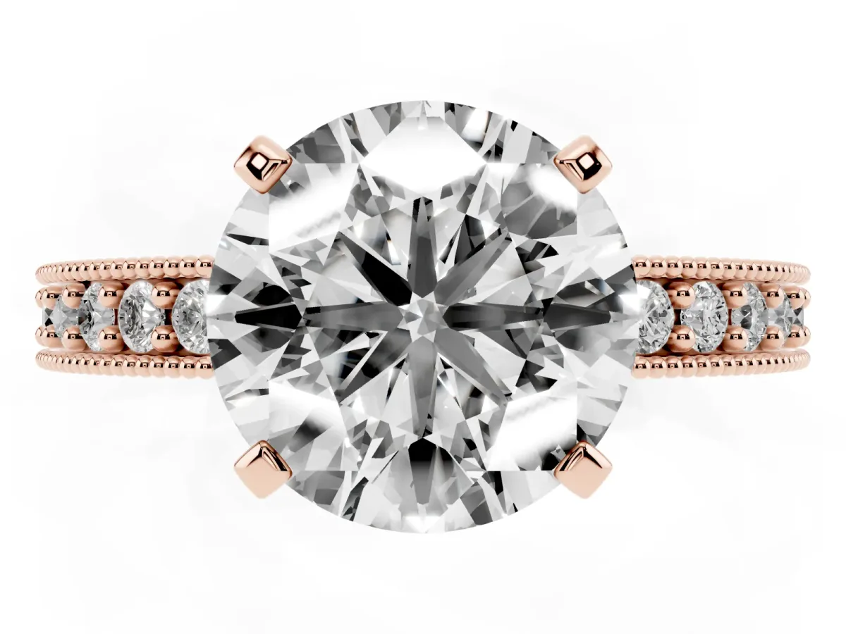 Round Cut Diamond Milgrain Pavé Engagement Ring with Four-Prong Setting Rose gold