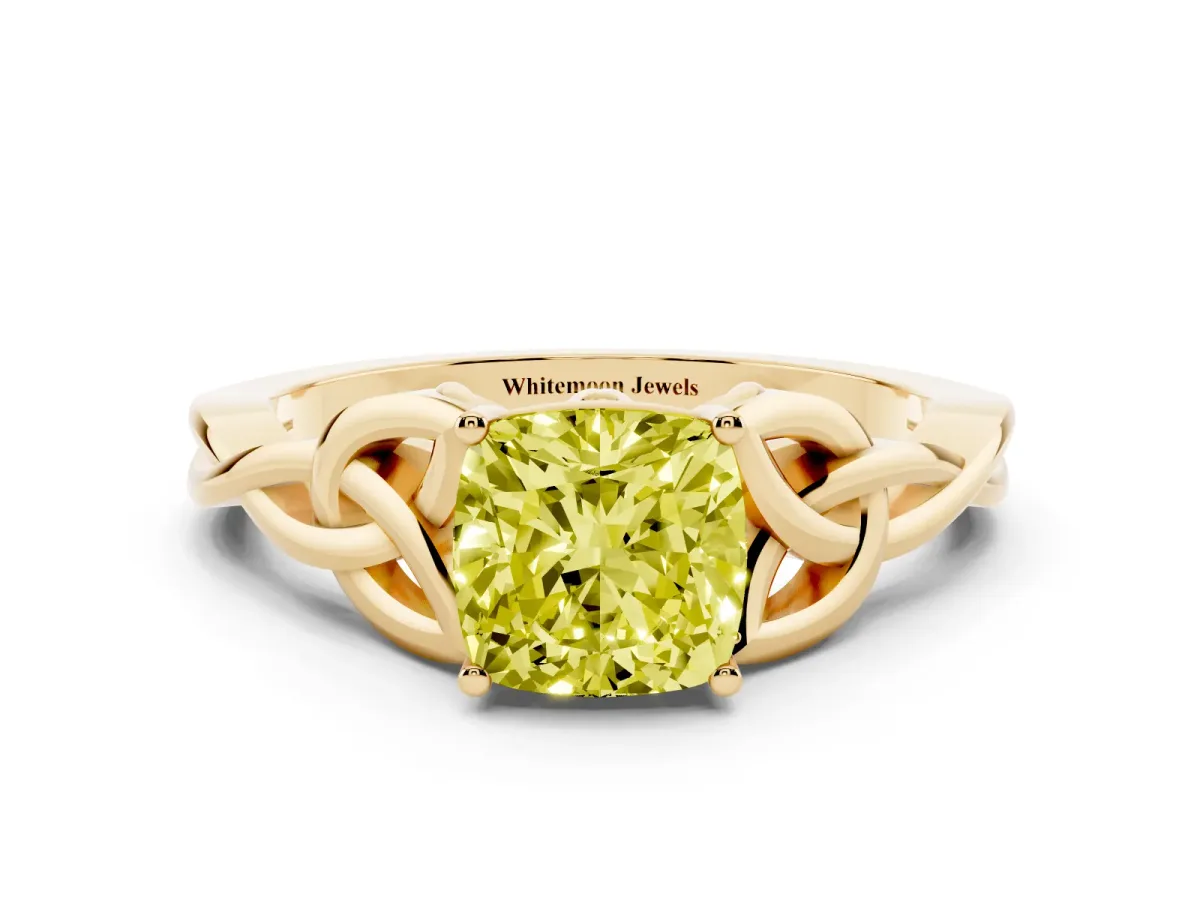 Fancy Yellow Cushion Cut Diamond Solitaire Engagement Ring with Celtic Knot Band and Four-Prong Setting Yellow gold