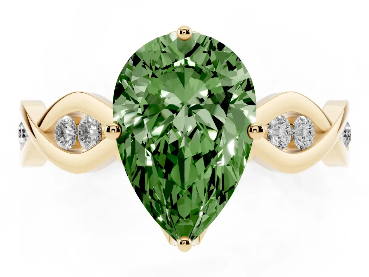 Fancy Green Pear Cut Solitaire Twist Band with Leaf Prong Setting Yellow gold