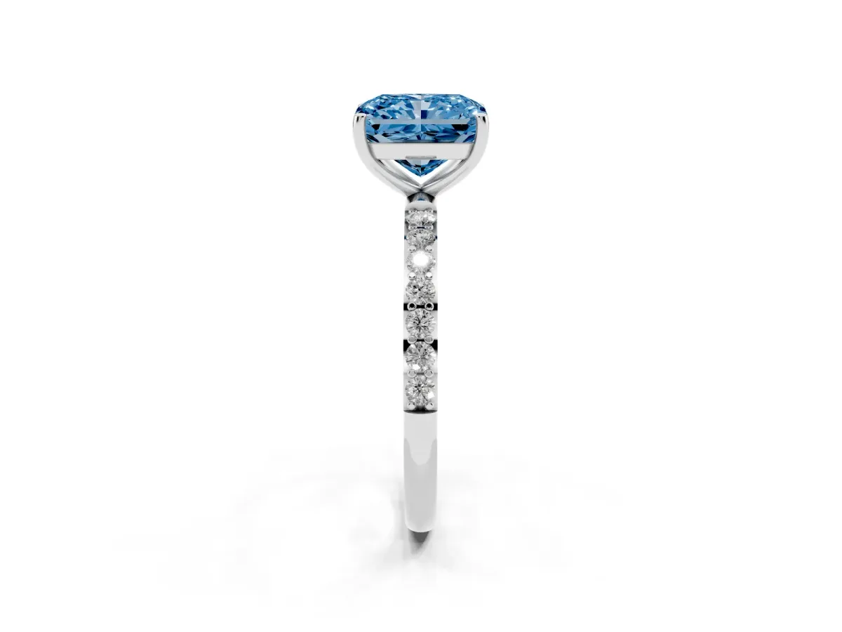 Fancy Blue Radiant Cut Diamond Solitaire Ring with Round Pavé Shoulders and Prong Setting Silver