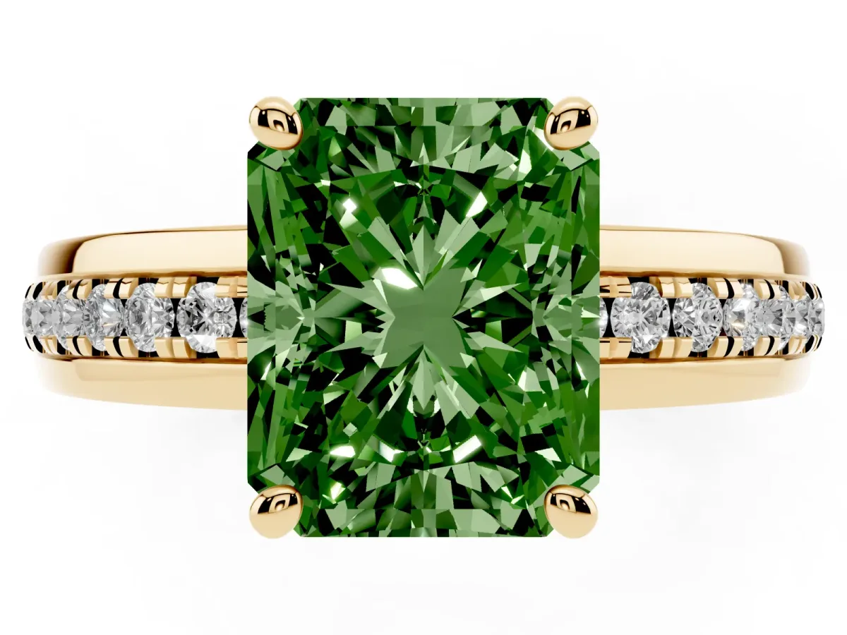 Fancy Green Radiant Cut Solitaire Diamond Ring with Channel Set Band and Six-Prong Setting Yellow gold