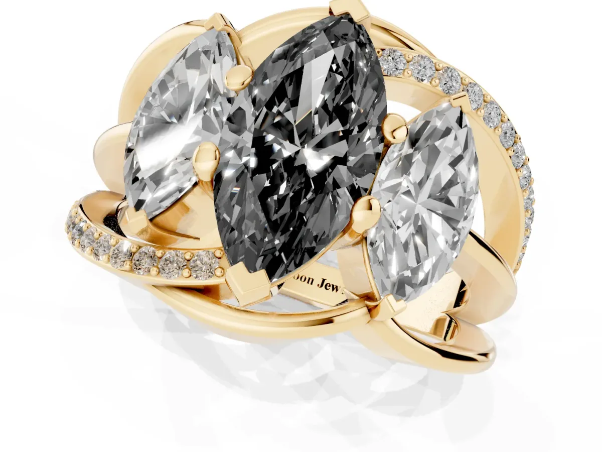 Fancy Black Three-Stone Marquise Cut Cut Diamond Split Shank Prong Set Ring Yellow gold