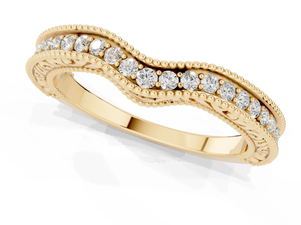 Pave Round Diamond Curved Milgrain Band Yellow gold