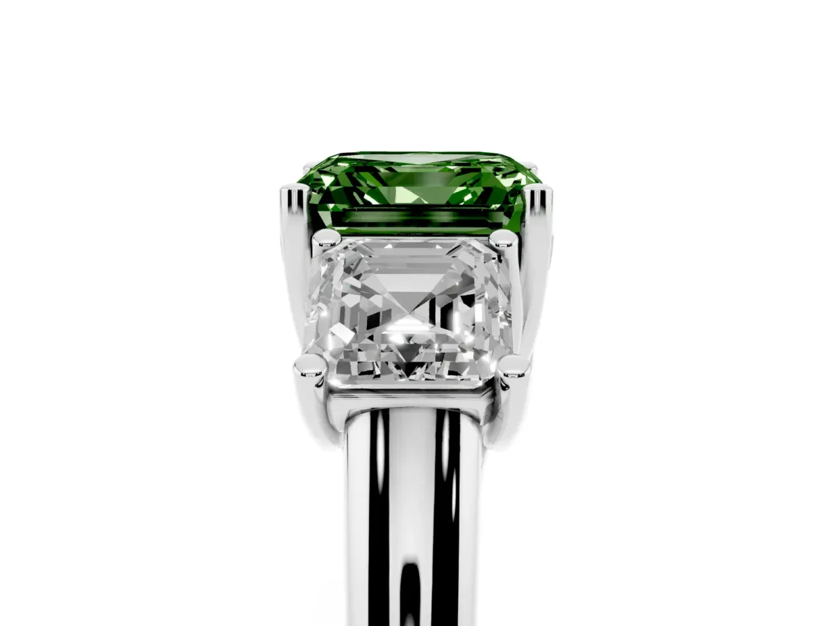Fancy Green Three-Stone Asscher Cut Diamond Engagement Ring with Prong Setting Silver