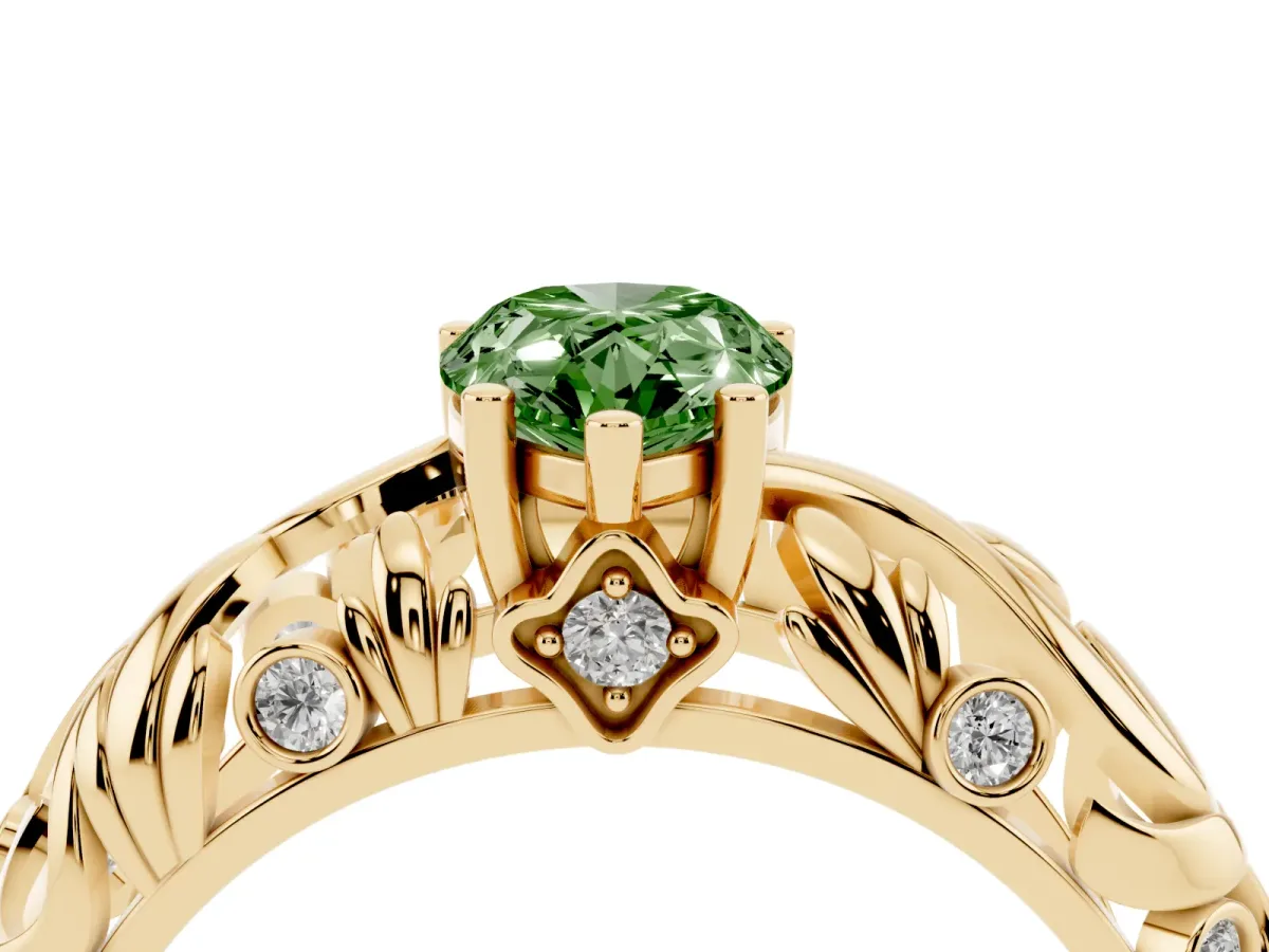 Fancy Green Pear Cut Solitaire Diamond Leaf-Inspired Vine Band Ring with Prong Setting Yellow gold