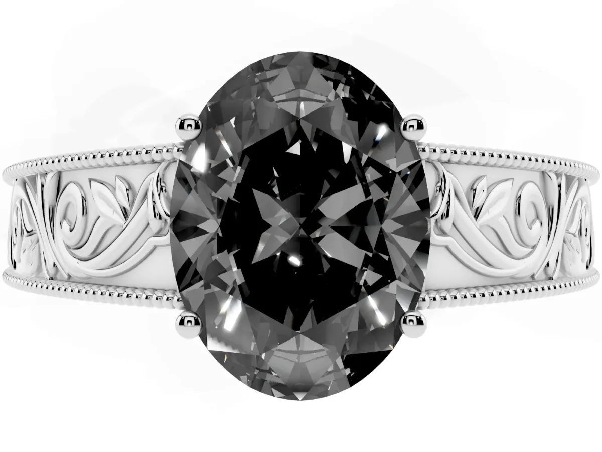 Fancy Black Oval Cut Diamond Solitaire Ring with Engraved Band and Four-Prong Setting Platinum