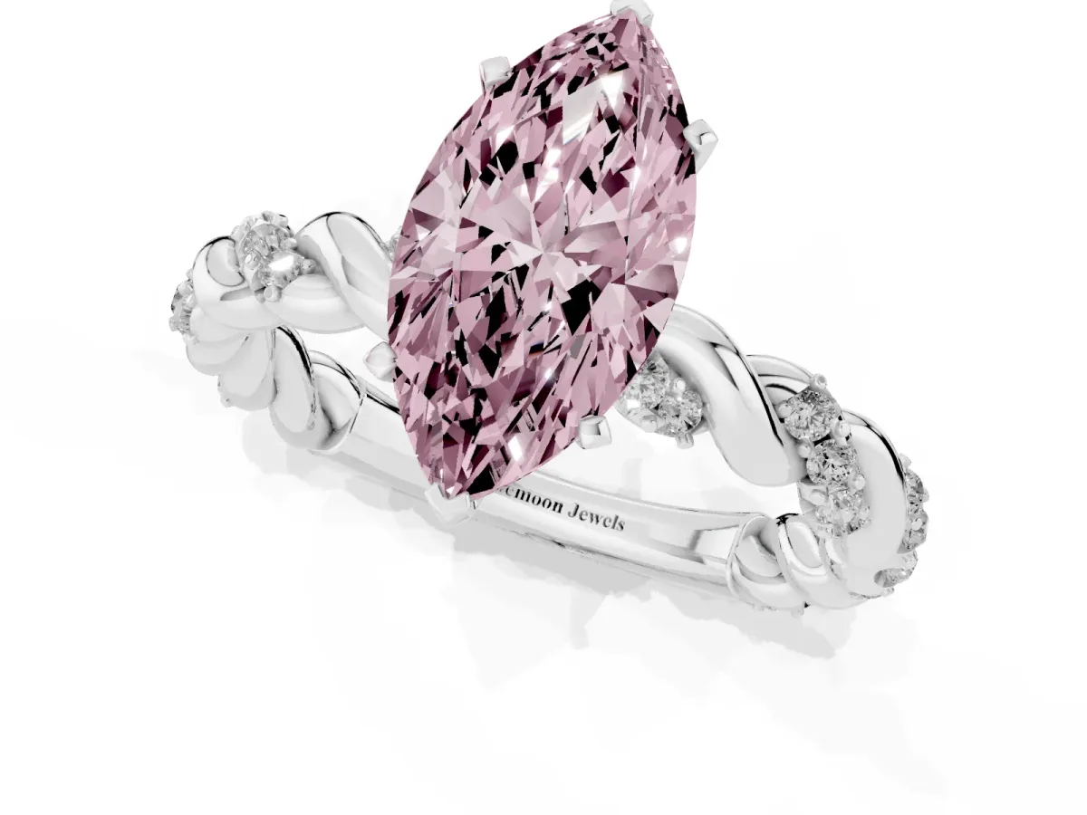 Fancy Pink Marquise Cut Diamond Solitaire Ring with Twisted Band and Pavé Accents Silver