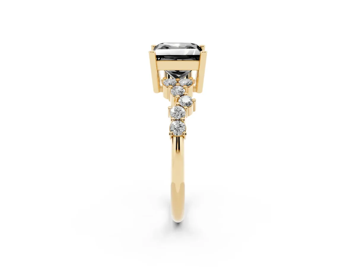 Fancy Black Princess Cut Diamond Scattered Round Accent Ring with Prong Setting Yellow gold
