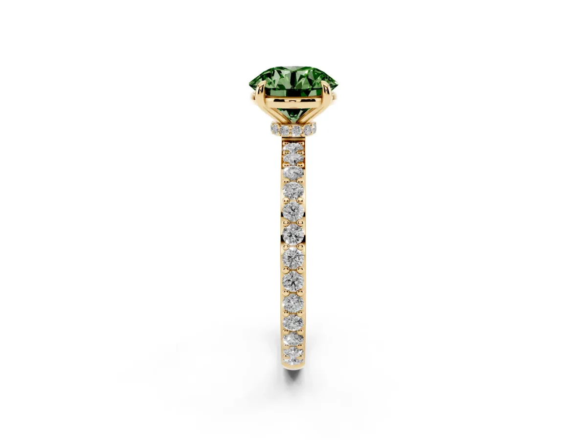 Fancy Green Round Cut Diamond Pavé Engagement Ring with Round Accents and Prong Setting Yellow gold