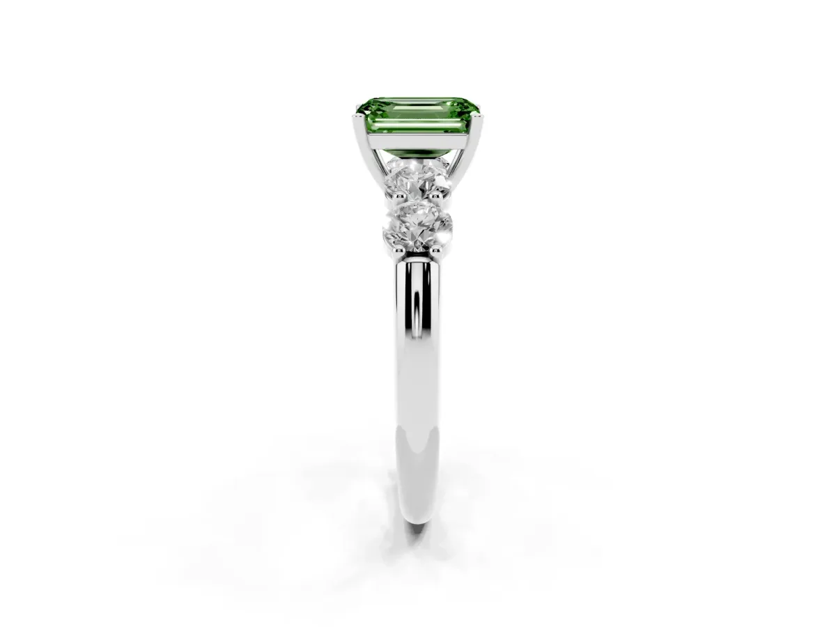 Fancy Green Emerald Cut Cut Five-Stone Prong Set Diamond Ring with Classic Band Silver