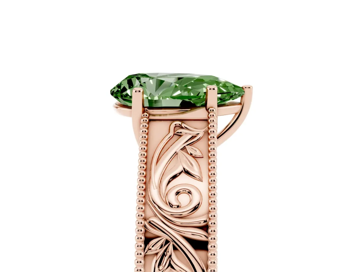 Fancy Green Pear Cut Diamond Solitaire Ring with Engraved Band and Four-Prong Setting Rose gold