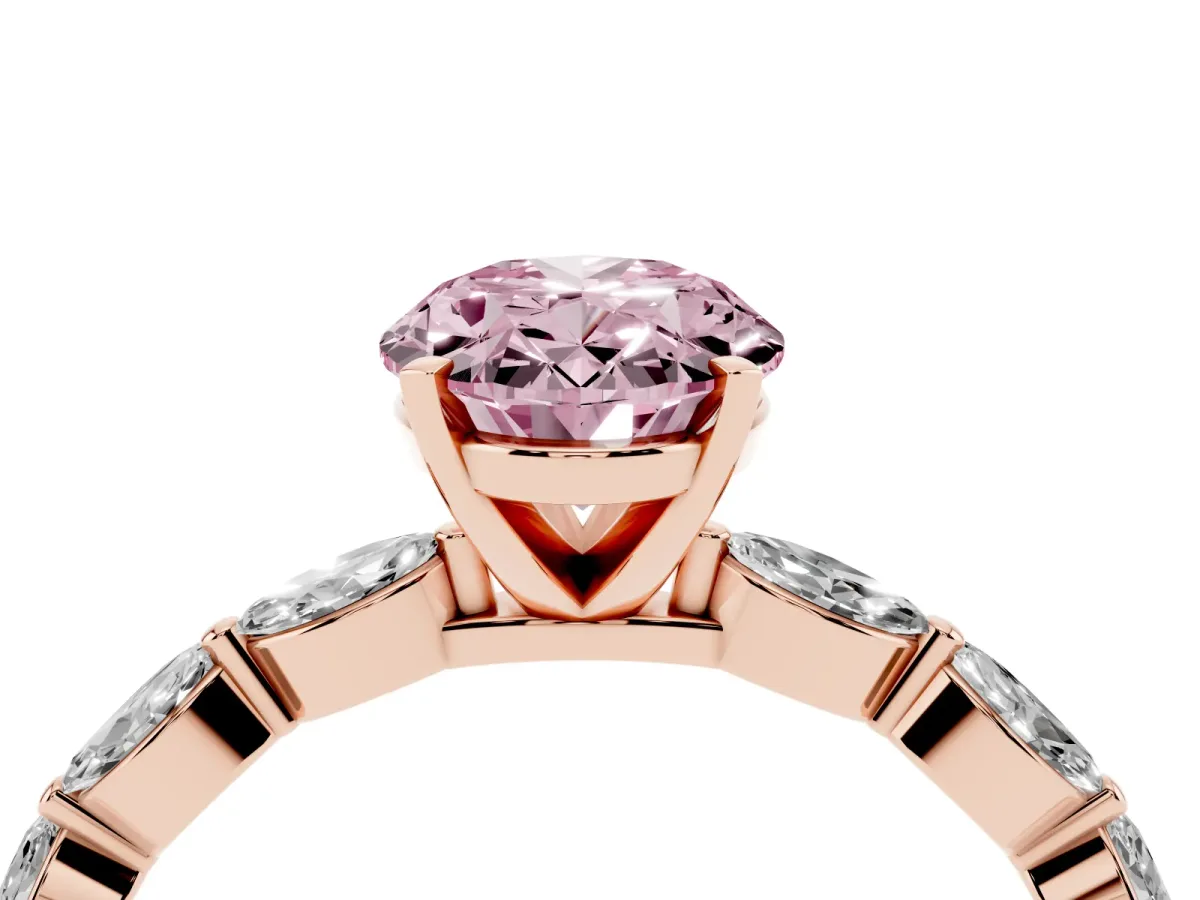 Fancy Pink Oval Cut Diamond Ring with Marquise Side Stones and Prong Setting Rose gold