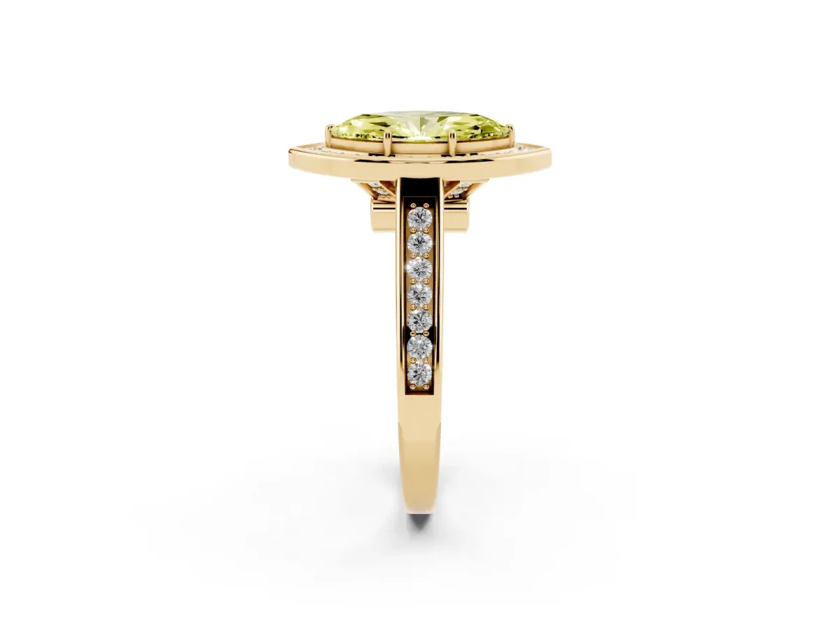 Fancy Yellow Marquise Cut Halo Solitaire Diamond Ring with Pave Band and Bezel Setting Yellow gold