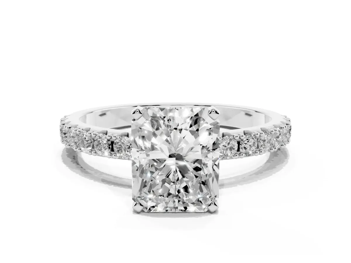 Radiant Cut Diamond Solitaire Pavé Band with Four-Prong Setting Silver