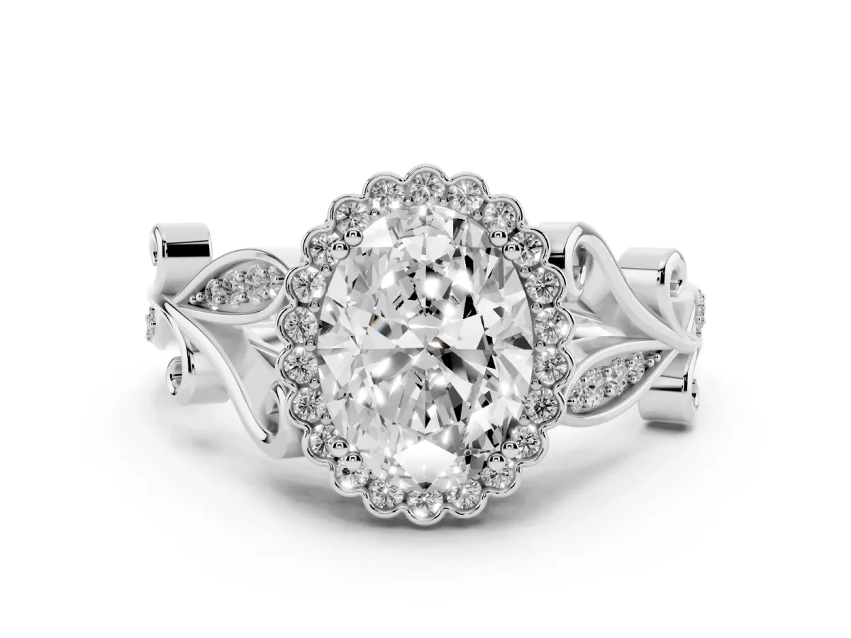 Oval Cut Diamond Halo Ring with Vintage Split Shank and Four-Prong Setting Silver