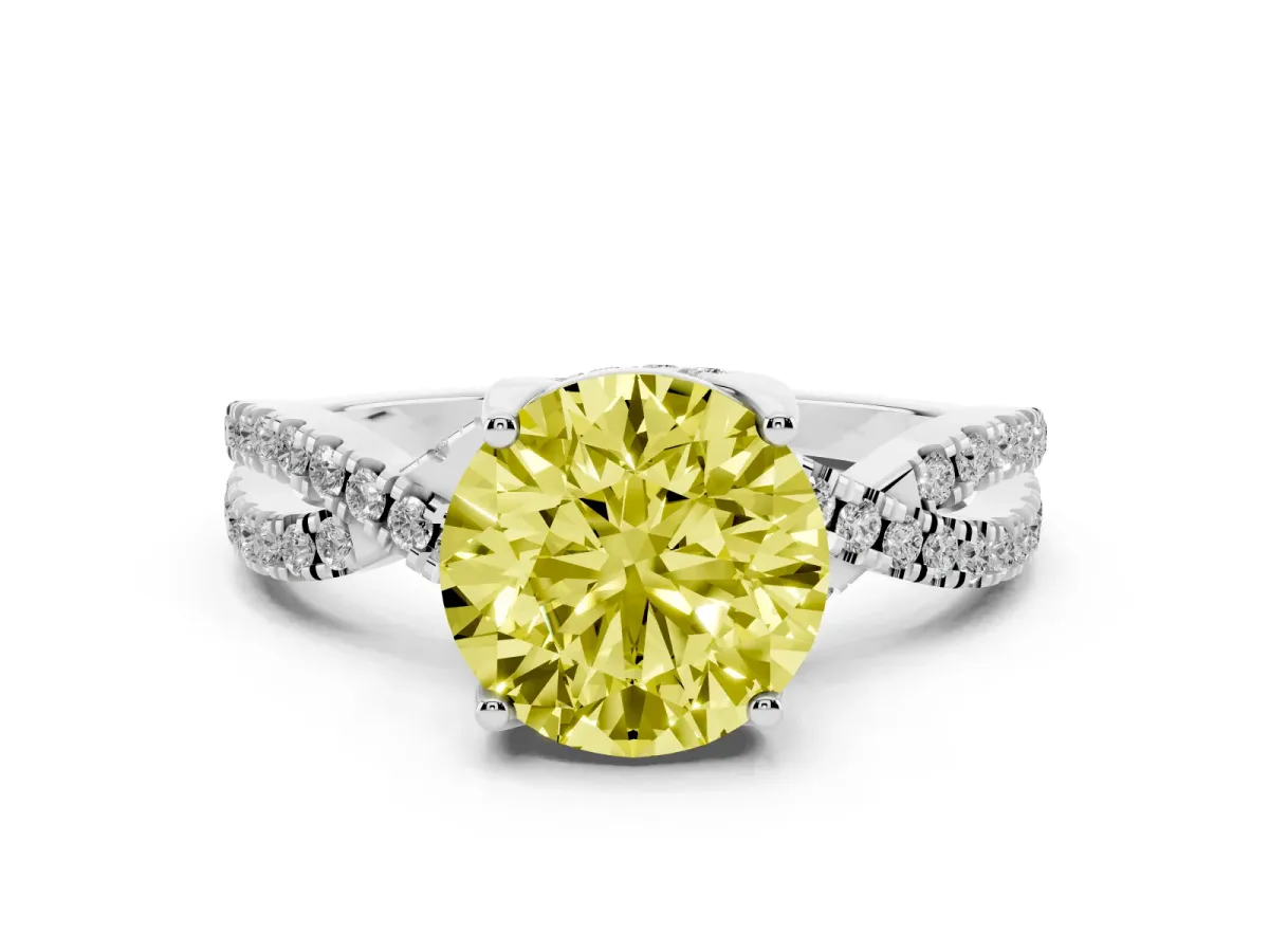 Fancy Yellow Round Cut Solitaire Twist Pave Diamond Engagement Ring with Prong Setting Silver