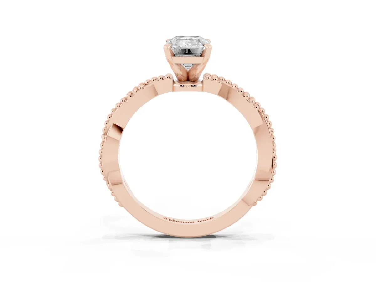 Emerald Cut Solitaire Twisted Band with Bead Prong Setting Rose gold