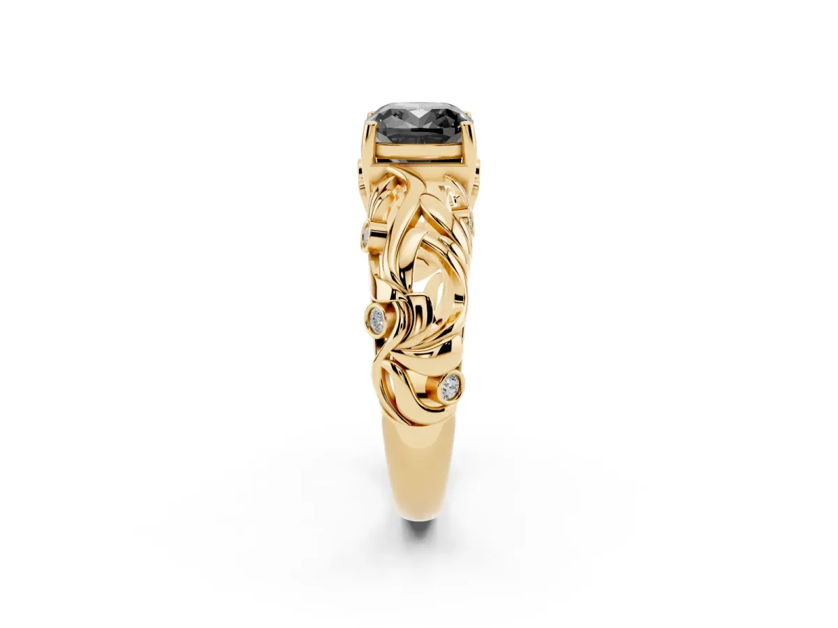 Fancy Black Cushion Cut Solitaire Diamond Leaf-Inspired Vine Band Ring with Prong Setting Yellow gold