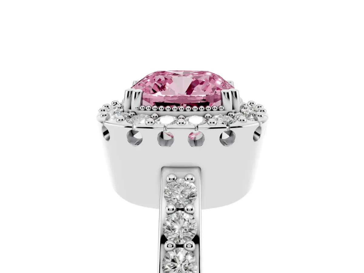 Fancy Pink Cushion Cut Diamond Halo Ring with Pavé Band and Prong Setting Silver