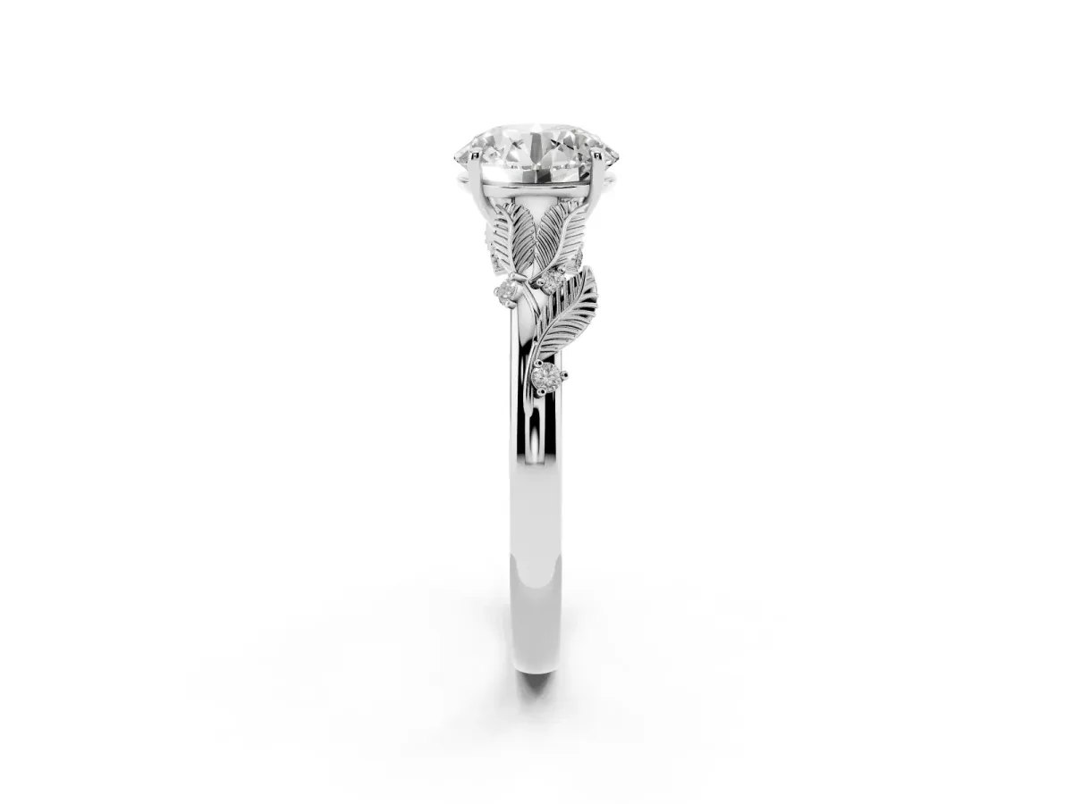 Round Cut Diamond Solitaire Ring with Leaf Motif Band and Four-Prong Setting Silver