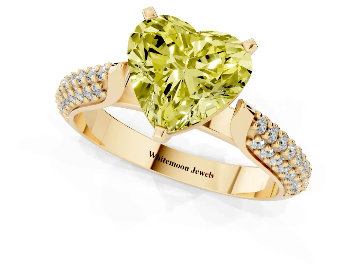 Fancy Yellow Heart Cut Diamond Solitaire Engagement Ring with Multi-Row Round Pavé Band and Prong Setting Yellow gold