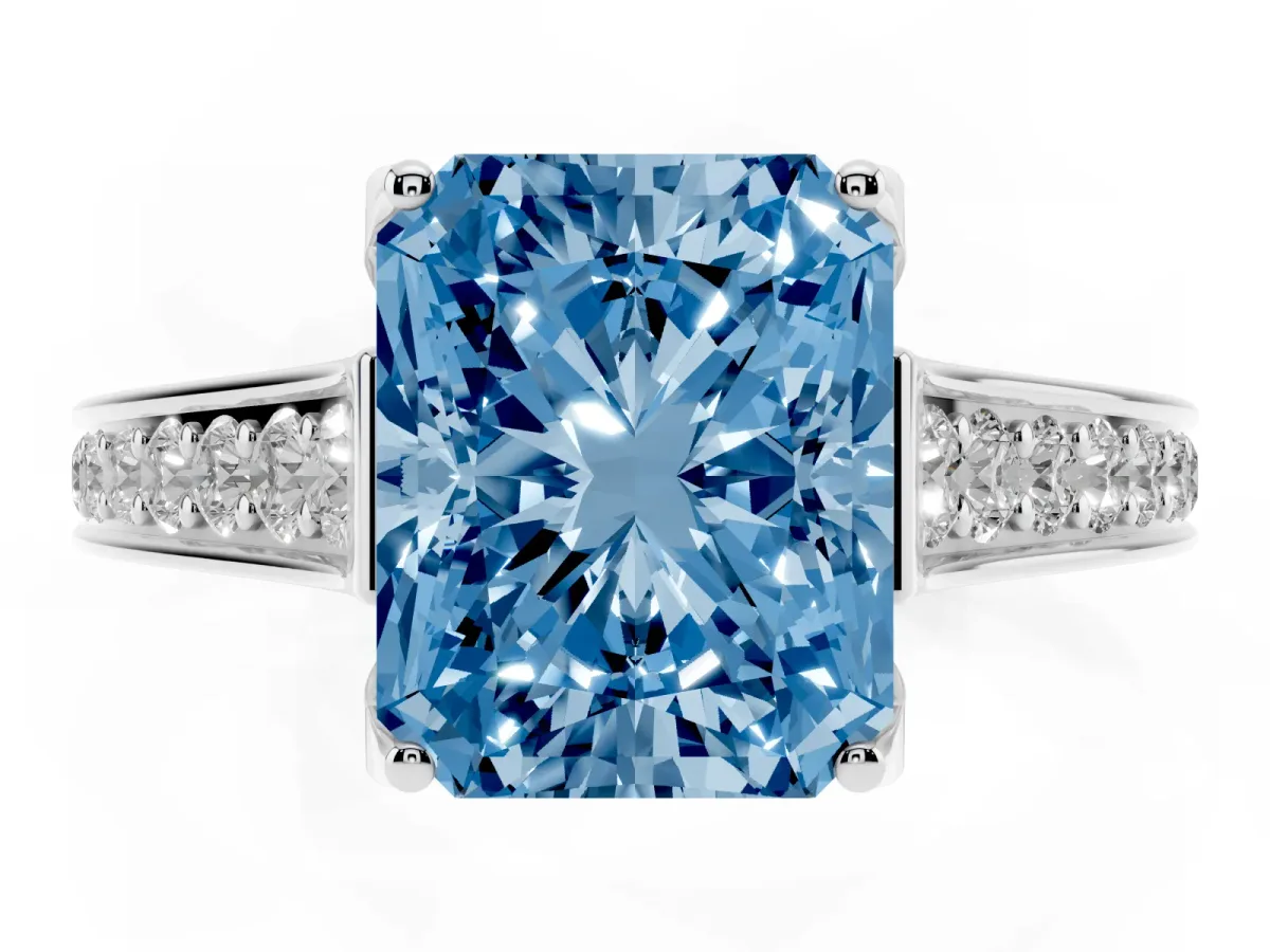 Fancy Blue Radiant Cut Brilliant Cut Diamond Engagement Ring with Pavé Band and Four-Prong Setting White gold