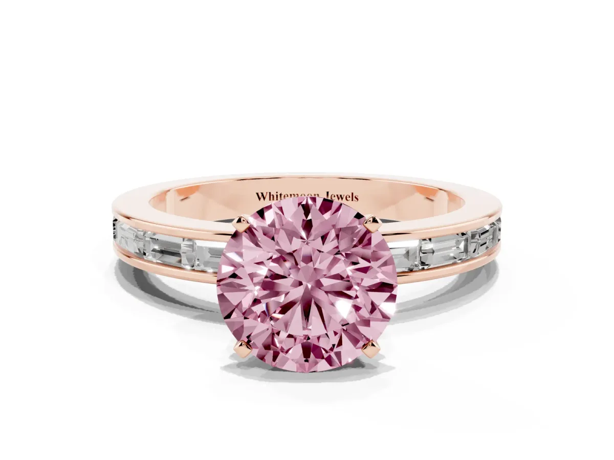 Fancy Pink Round Cut Solitaire Diamond Ring with Channel-Set Baguette Band and Four-Prong Setting Rose gold