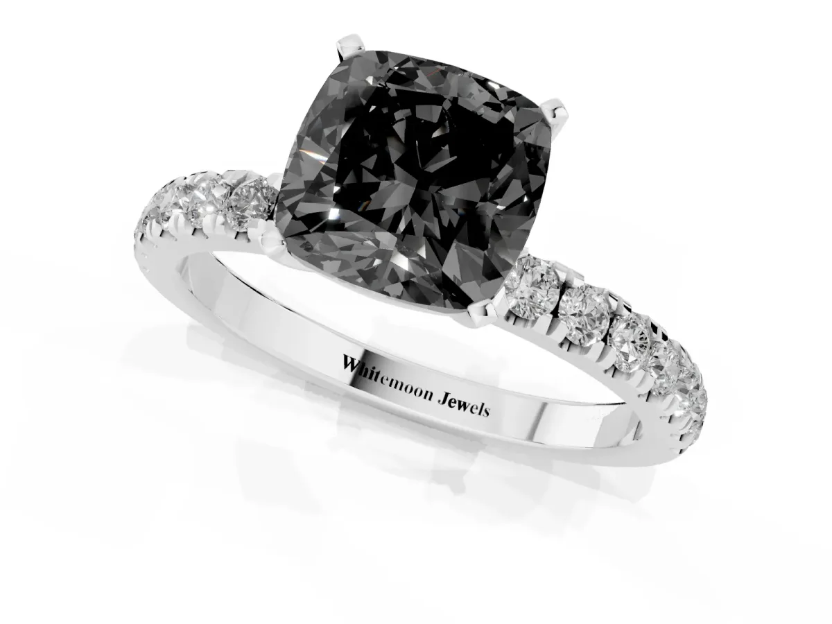 Fancy Black Cushion Cut Diamond Solitaire Ring with Pavé Accents and Four-Prong Setting Platinum