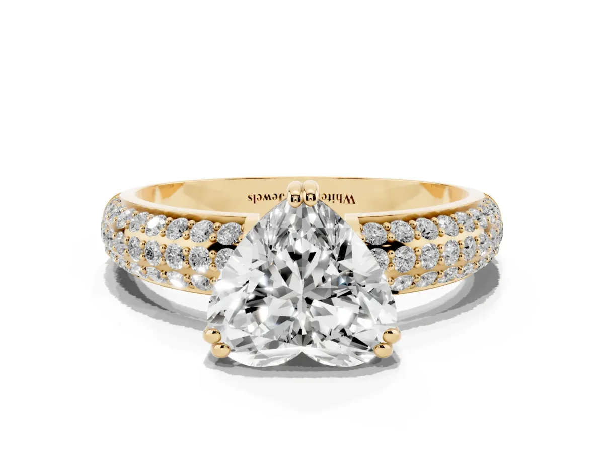 Heart Cut Diamond Solitaire Ring with Multi-Row Round Pavé Band and Prong Setting Yellow gold