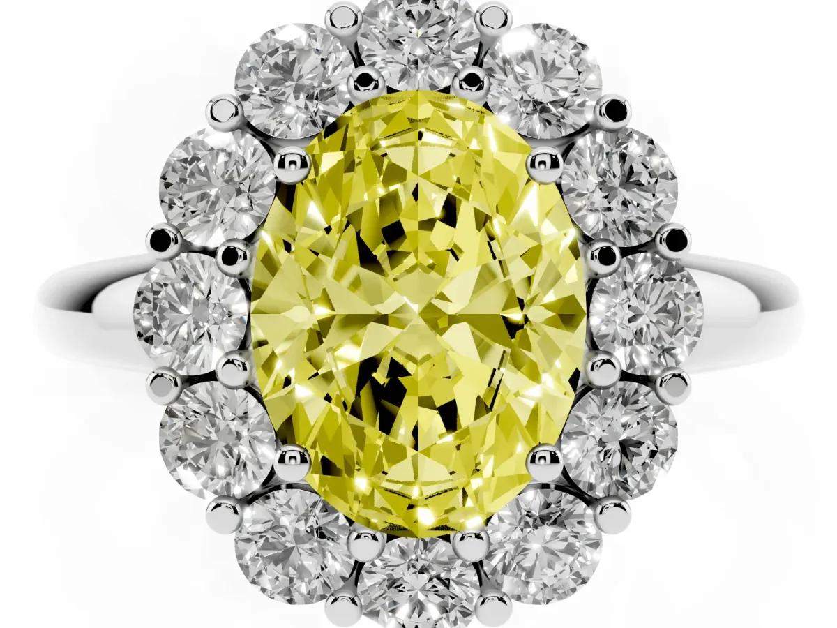 Fancy Yellow Oval Cut Halo Cluster Diamond Engagement Ring with Prong Setting and Polished Band Platinum