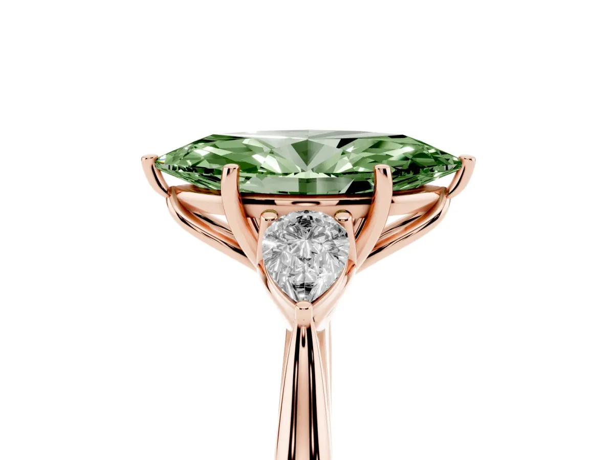 Fancy Green Marquise Cut Diamond Three-Stone Ring with Pear Side Stones and Prong Setting Rose gold
