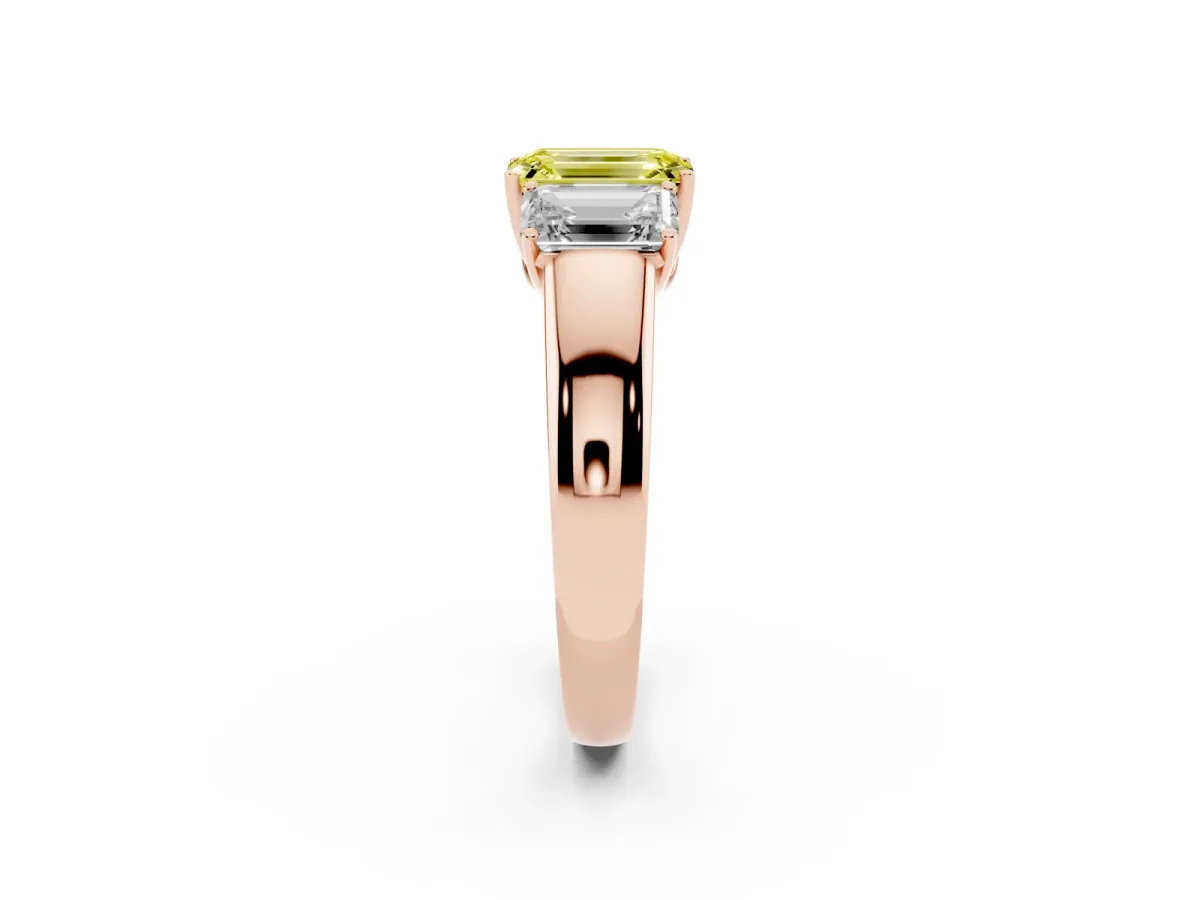 Fancy Yellow Three-Stone Emerald Cut Cut Diamond Ring with Prong Setting and Classic Band Rose gold