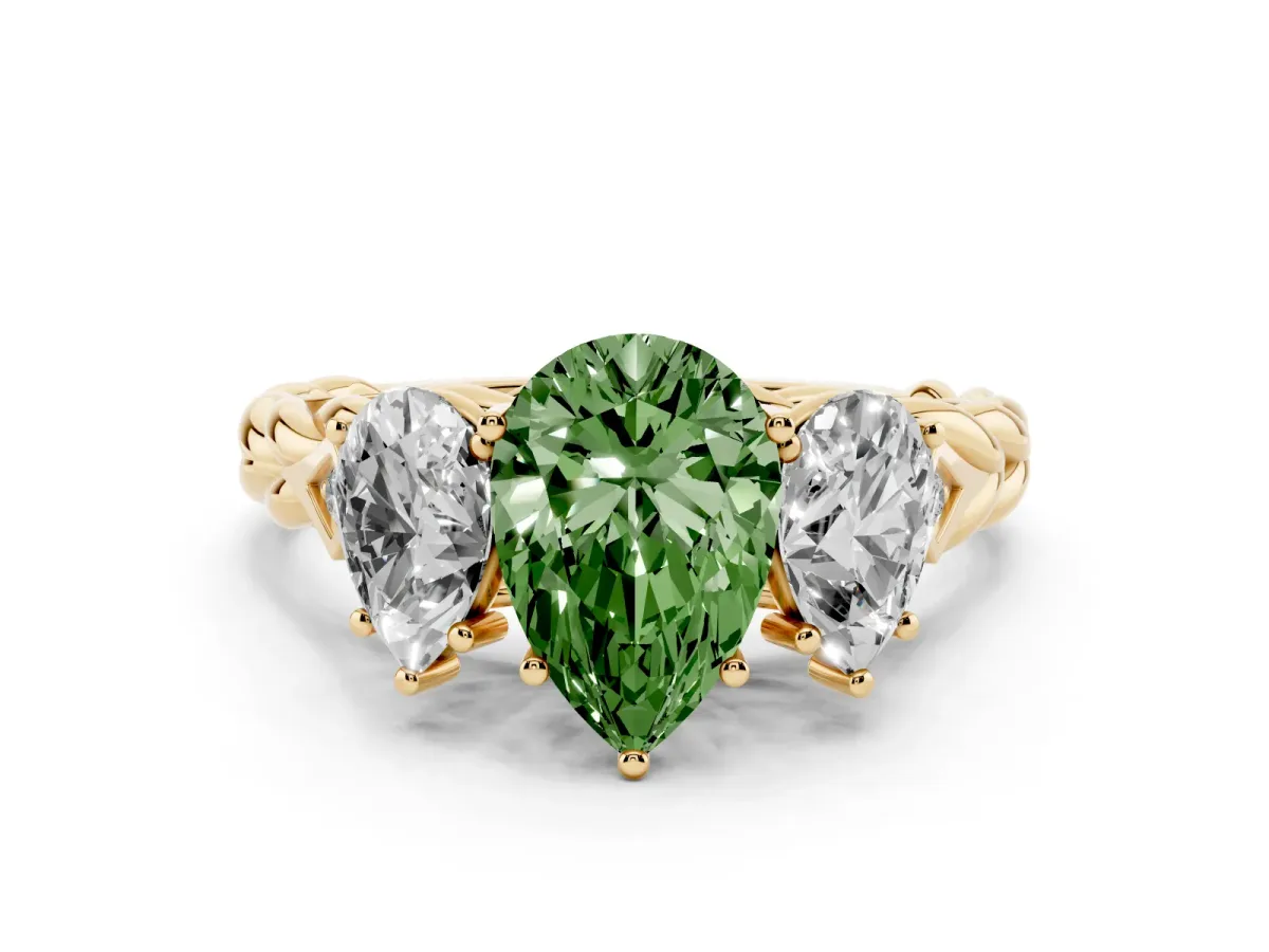 Fancy Green Three-Stone Pear Cut Diamond Braided Band Ring with Four-Prong Setting Yellow gold