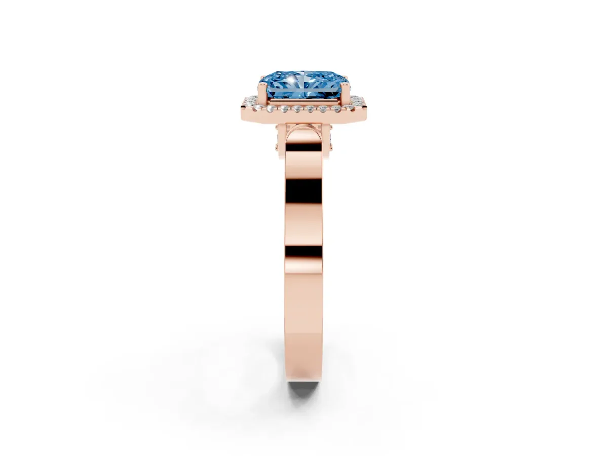 Fancy Blue Radiant Cut Halo Round Diamond Twist Band with Four-Prong Setting Rose gold