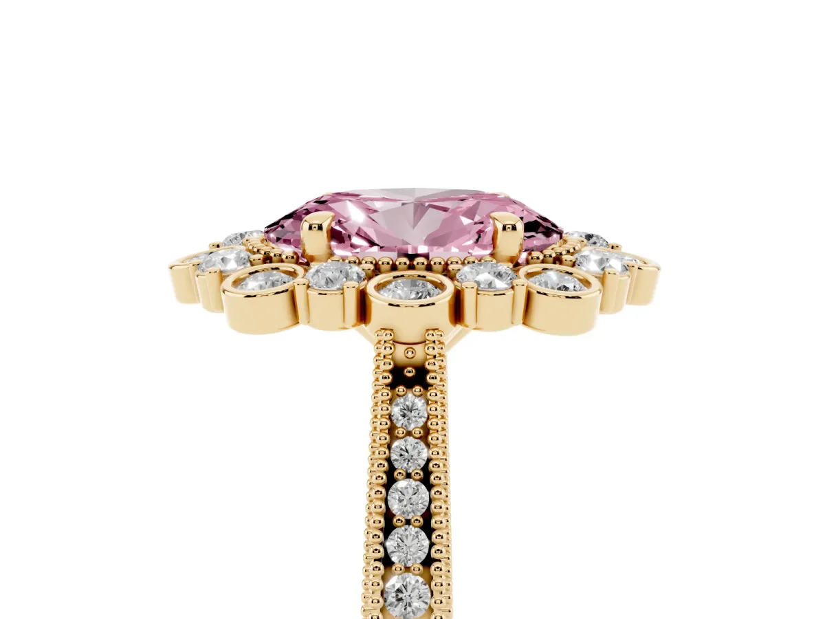 Fancy Pink Oval Cut Halo Milgrain Pave Diamond Ring with Four-Prong Setting Yellow gold