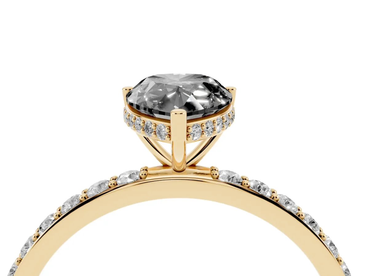 Fancy Black Pear Cut Diamond Solitaire Ring with Pavé Band and Hidden Halo Yellow gold