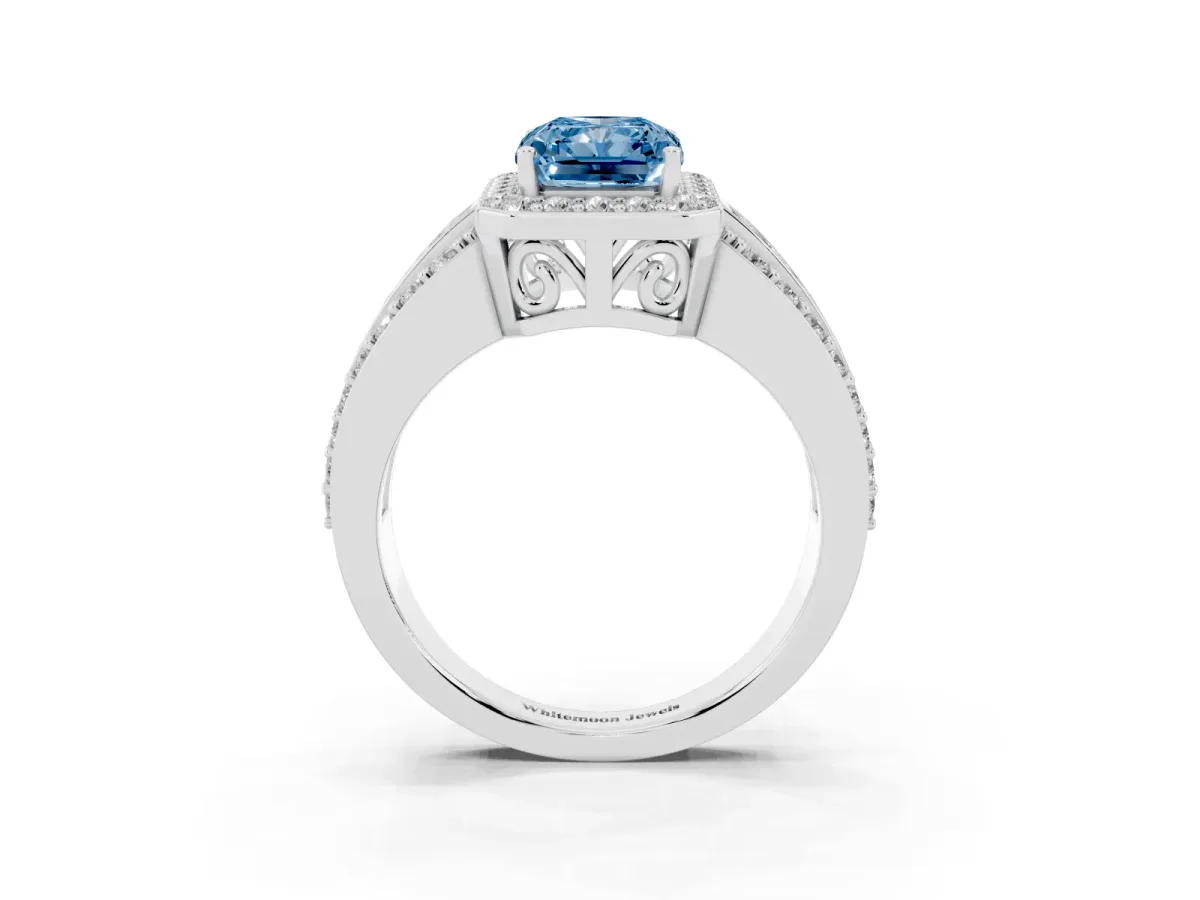 Fancy Blue Radiant Cut Halo Diamond Ring with Round Split Shank and Prong Setting Silver