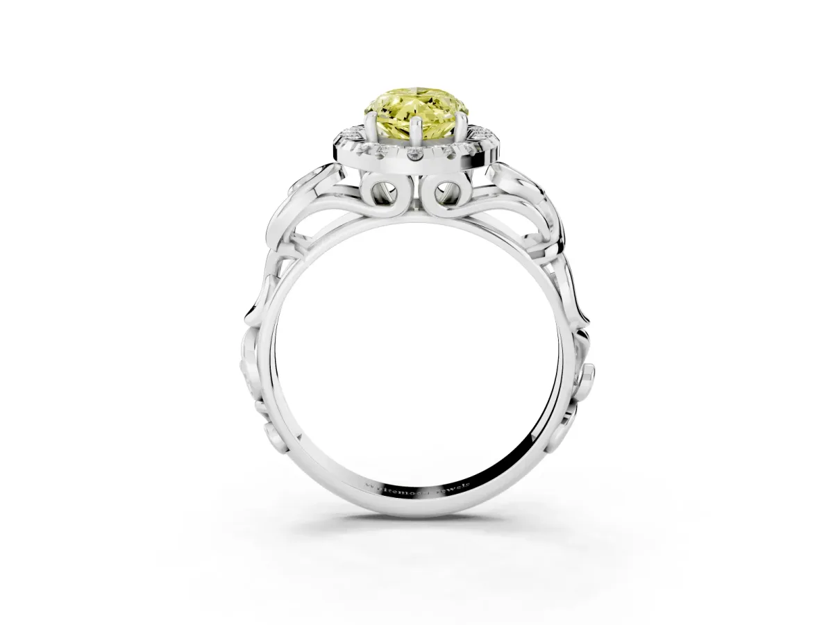 Fancy Yellow Marquise Cut Cut Halo Diamond Ring with Scrollwork Band and Four-Prong Setting Silver