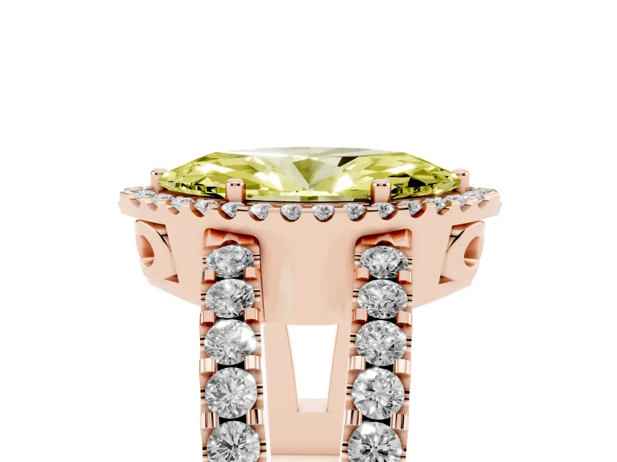 Fancy Yellow Marquise Cut Cut Halo Split Shank Diamond Ring with Four-Prong Setting Rose gold