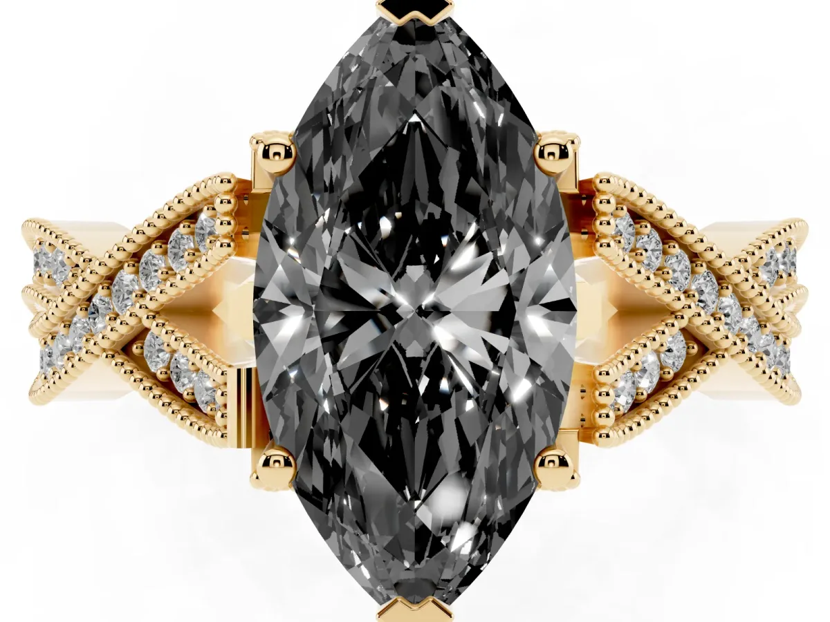Fancy Black Marquise Cut Cut Diamond Twisted Band with Milgrain Pave Setting and Four-Prong Setting Yellow gold