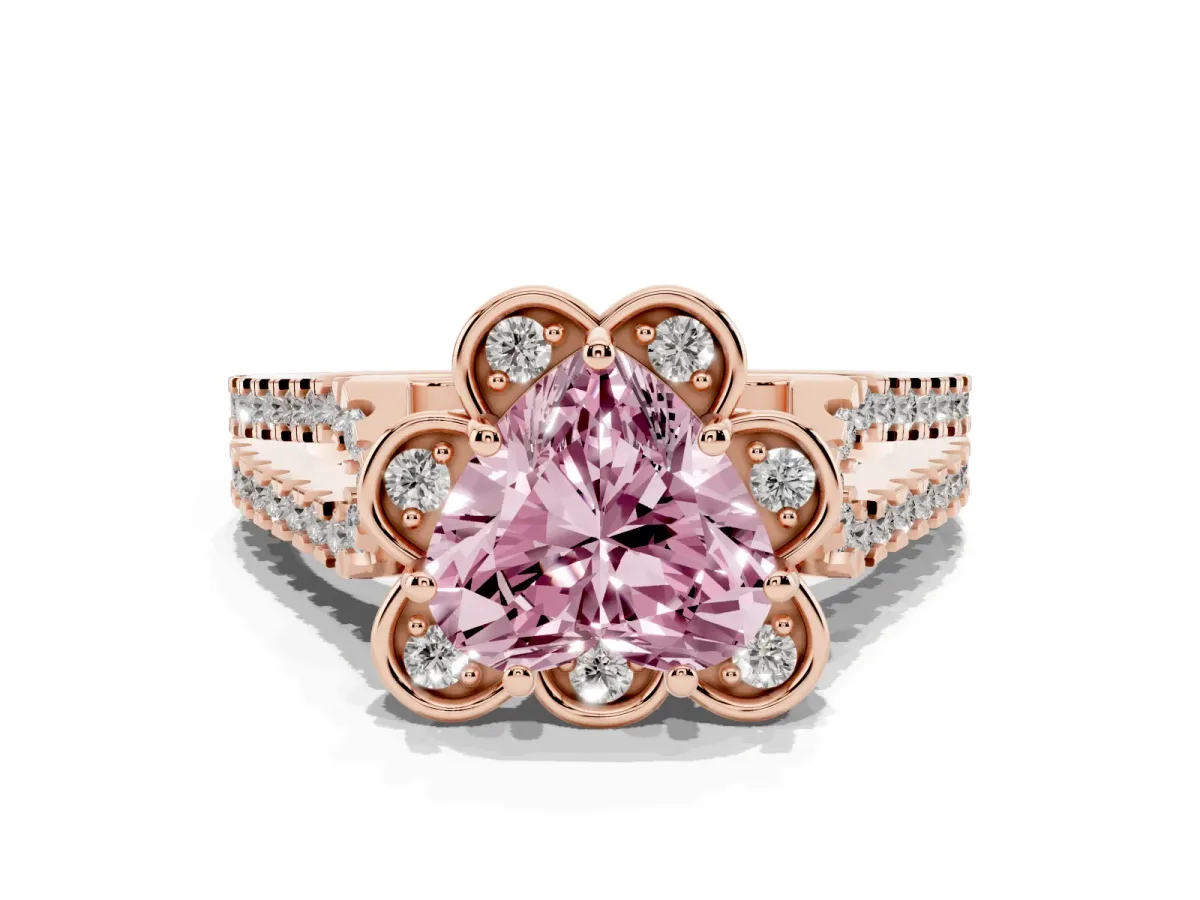 Fancy Pink Heart Cut Halo Diamond Floral Split Shank Engagement Ring Rose gold