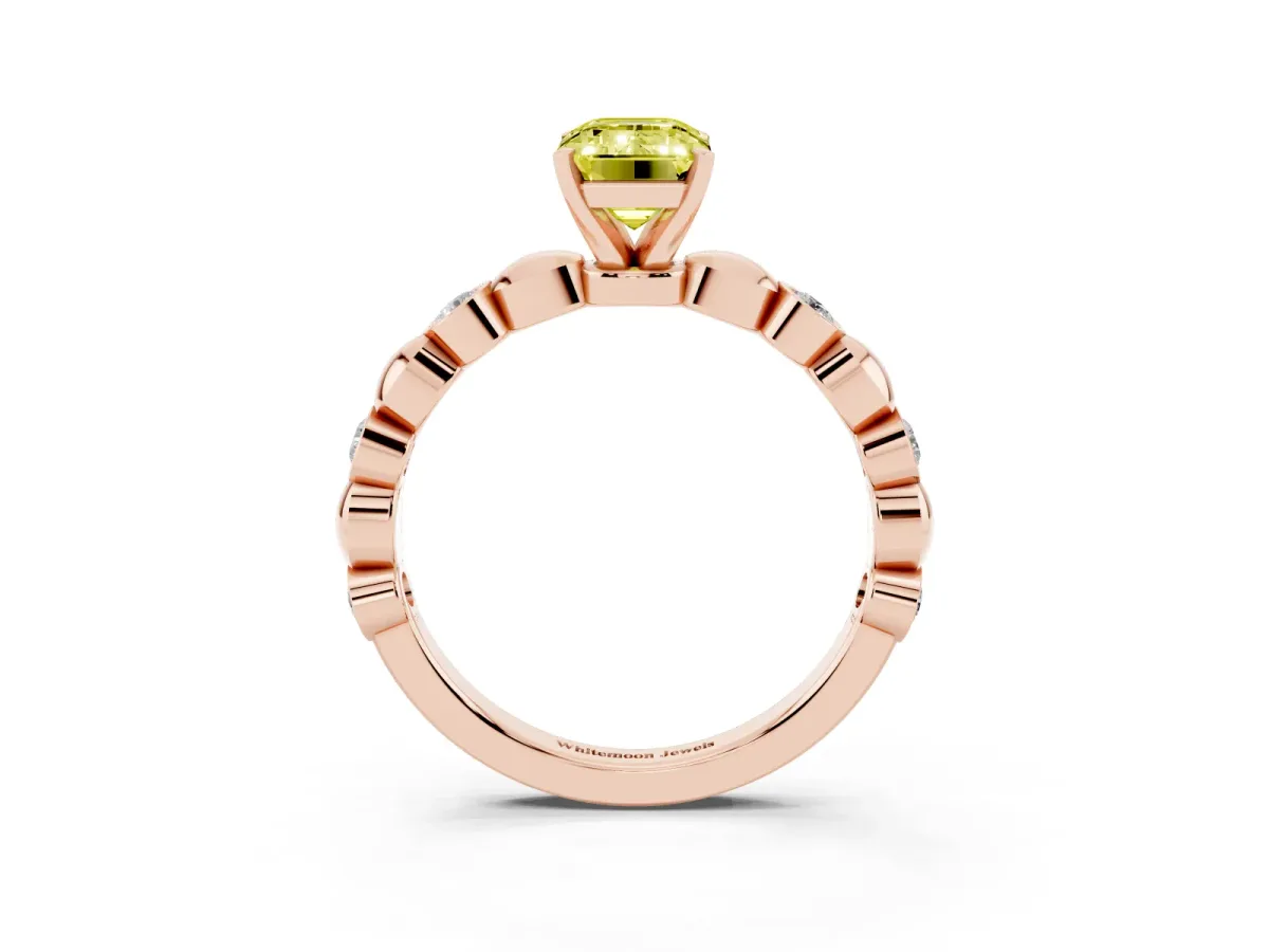 Fancy Yellow Emerald Cut Solitaire Bezel-Set Diamond Ring with Beaded Band and Four-Prong Setting Rose gold