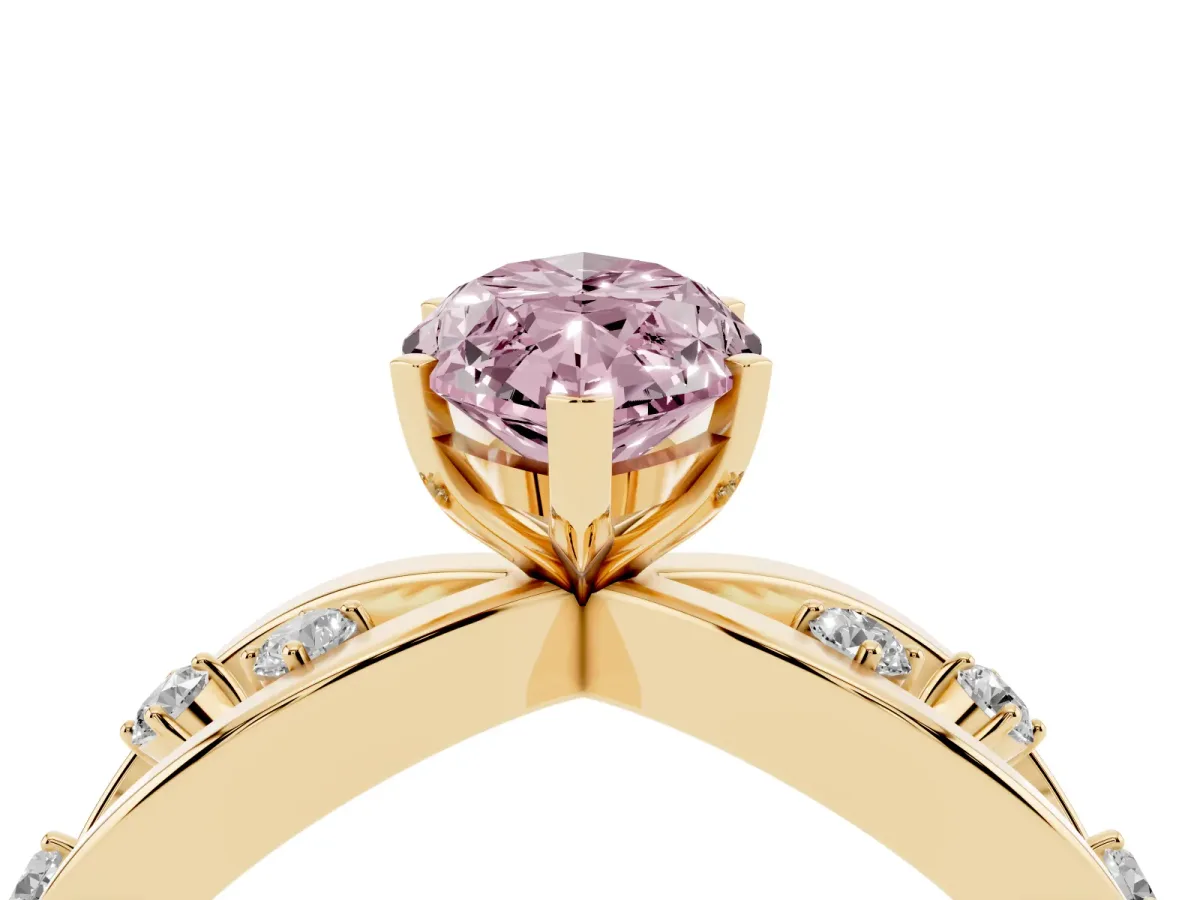 Fancy Pink Marquise Cut Cut Solitaire Diamond with Side Stones on Criss-Cross Band and Four-Prong Setting Yellow gold