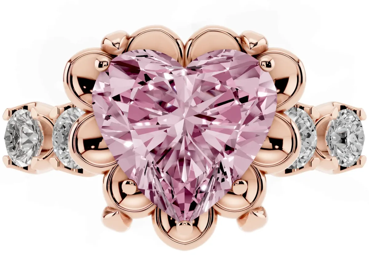 Fancy Pink Heart Cut Cut Diamond Floral Halo Engagement Ring with Shared Prong Setting Rose gold