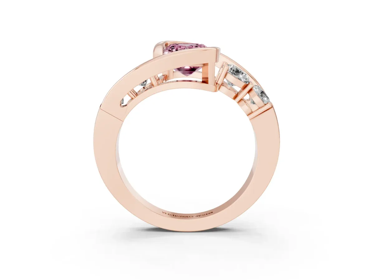 Fancy Pink Bezel Set Emerald Cut Diamond Bypass Ring with Round Accents Rose gold