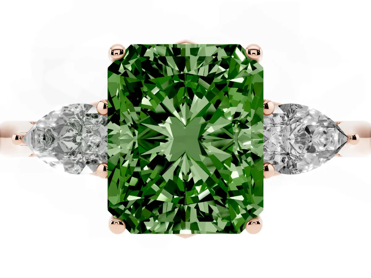 Fancy Green Three-Stone Radiant Cut Diamond Ring with Pear Side Stones in Four-Prong Setting Rose gold