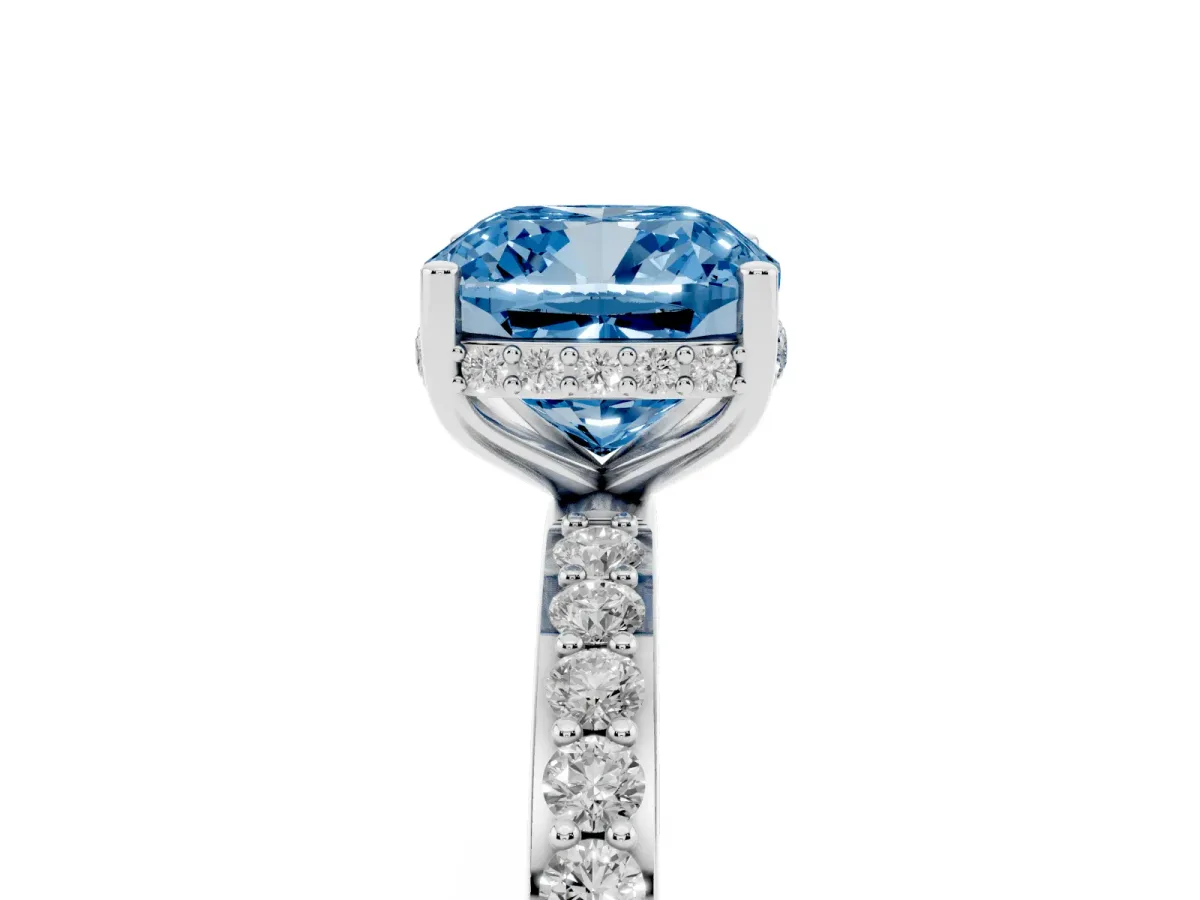 Fancy Blue Cushion Cut Diamond Solitaire Ring with Pavé Band and Hidden Halo Silver