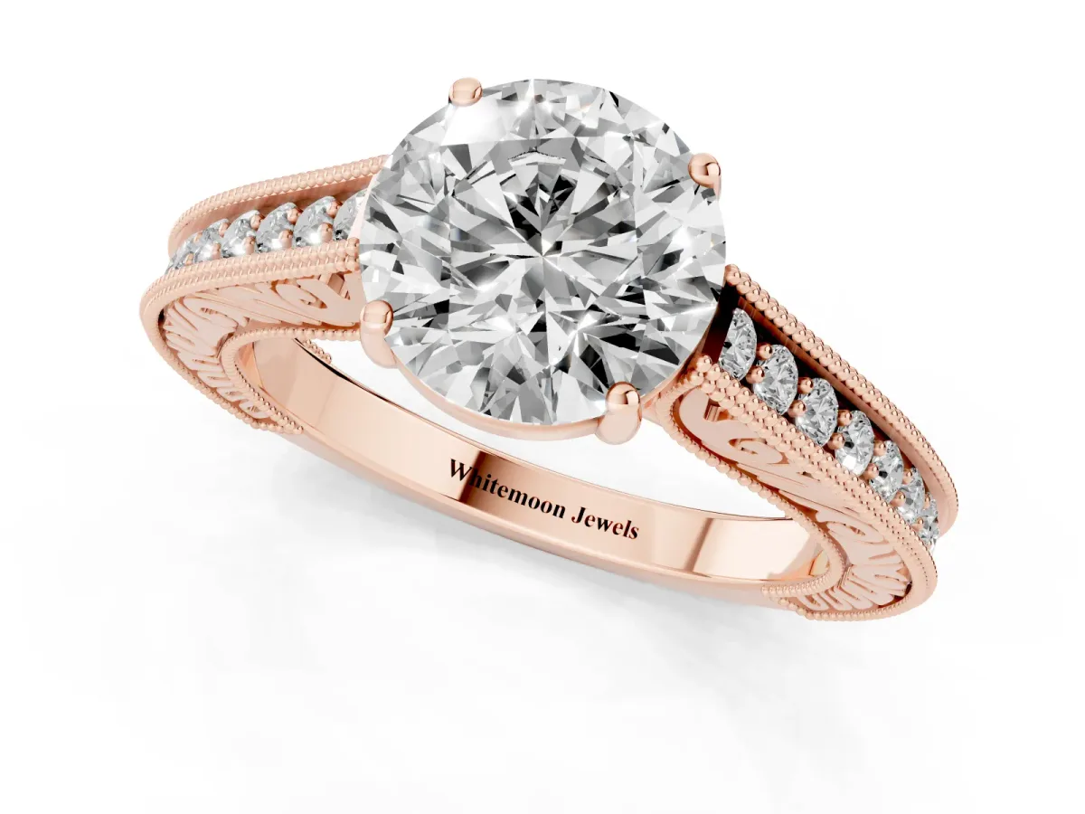 Round Cut Cut Pave Band Milgrain Solitaire Ring Rose gold